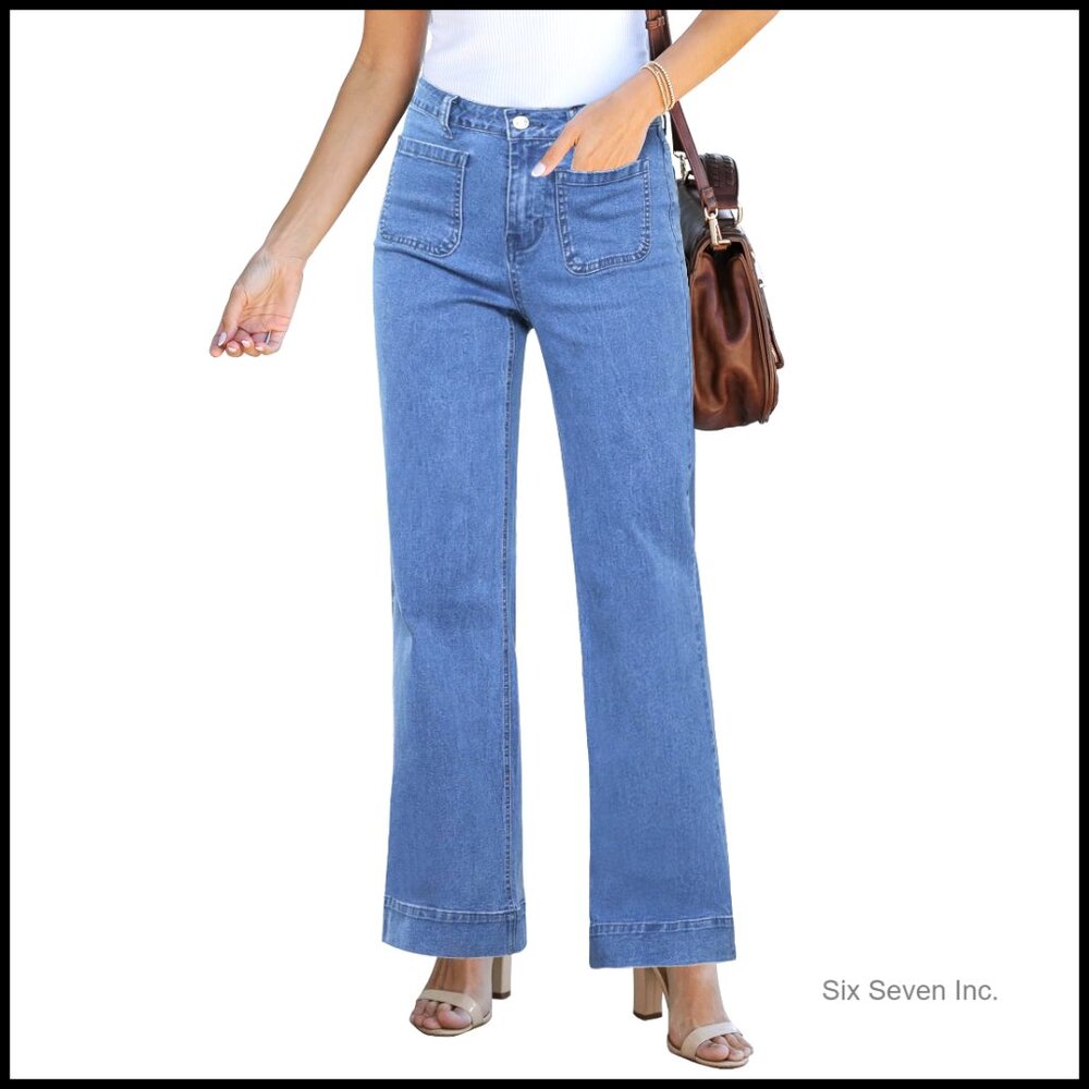 High Waisted Wide Leg Stretch Jeans Flare Y2k Trendy Denim Pants With Pockets